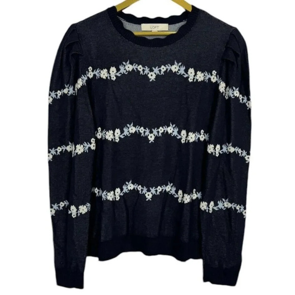 Loft Sweater Floral Cottage Country Round Neck Pullover XL Blue Puff Sleeves NWT - Picture 1 of 9
